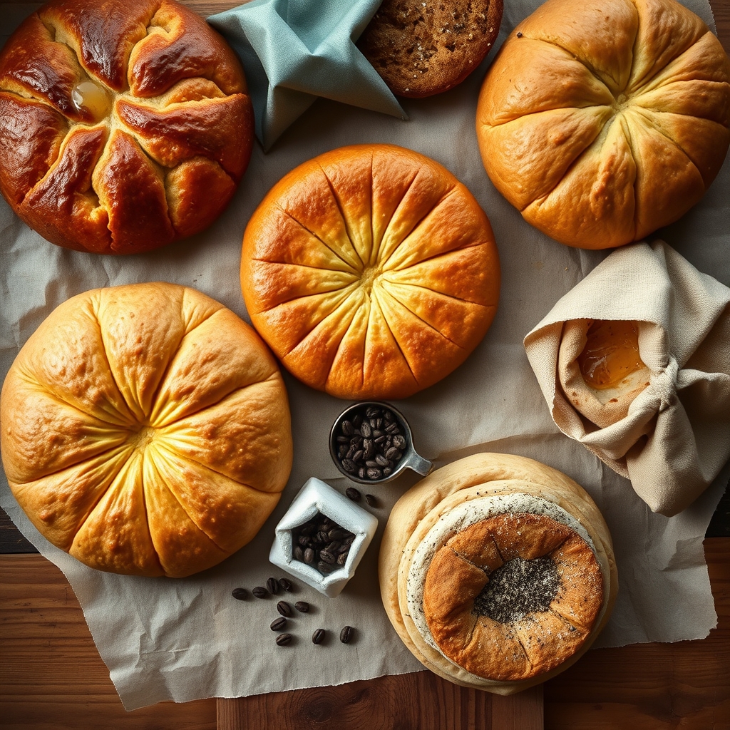 A spread of freshly baked Ethiopian breads — himbasha, honeyed dabo, and rolled injera — on a warm wooden table.