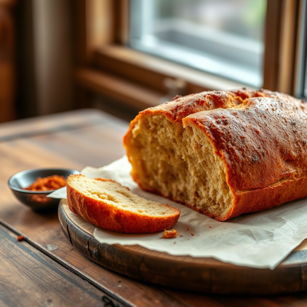 A deep red-gold berbere ambasha loaf, torn open to show a soft spiced crumb.