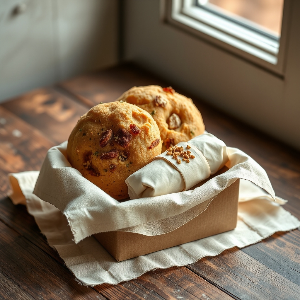 A smaller box holding two breads and a wrapped sweet on a warm cloth.