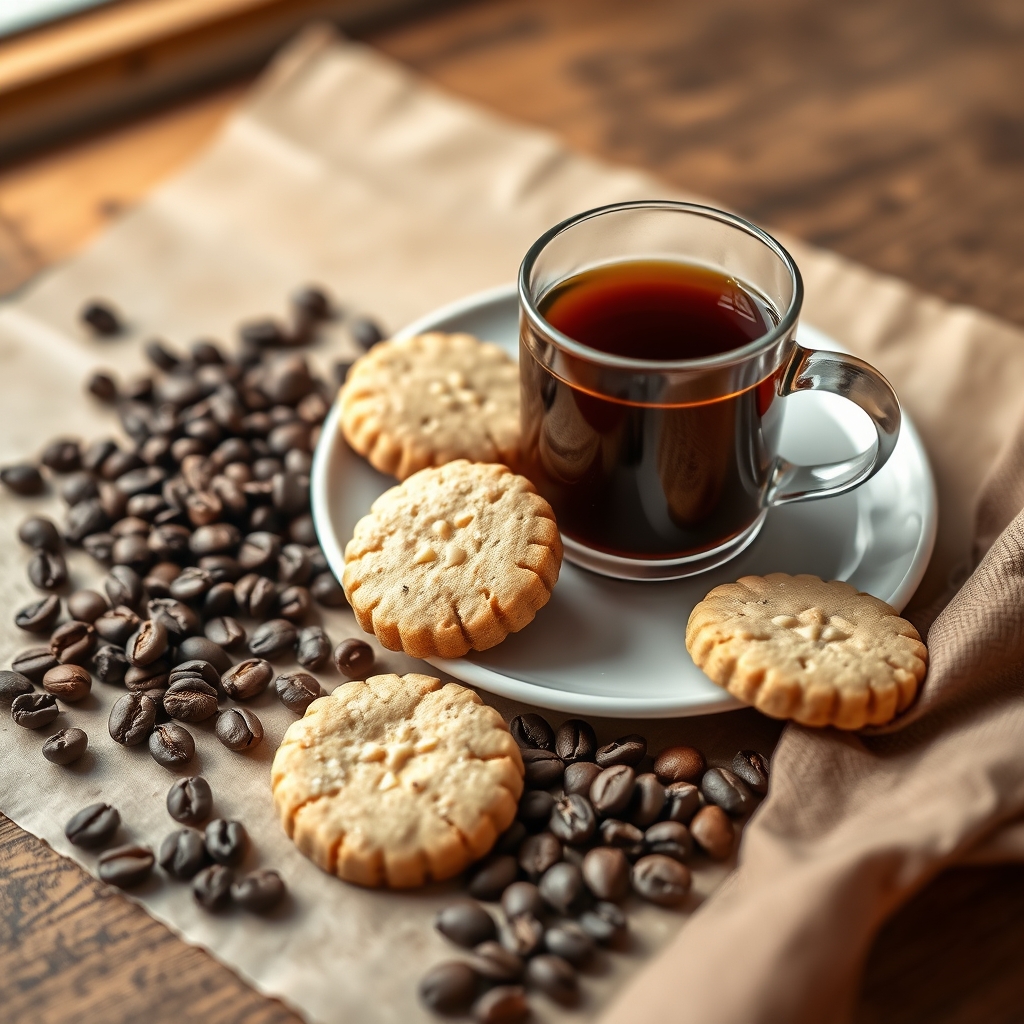 A plate of deep-brown coffee-cardamom shortbread cookies beside roasted coffee beans.