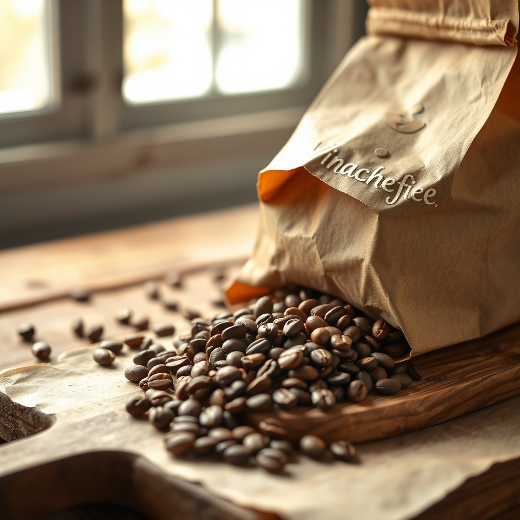 A kraft bag of whole roasted Yirgacheffe coffee beans spilling onto a wooden board.