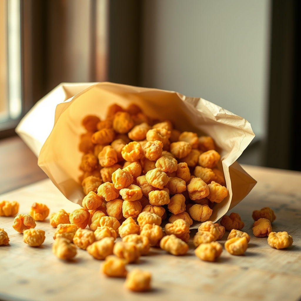 A scattered pile of small golden dabo kolo crunch nuggets.