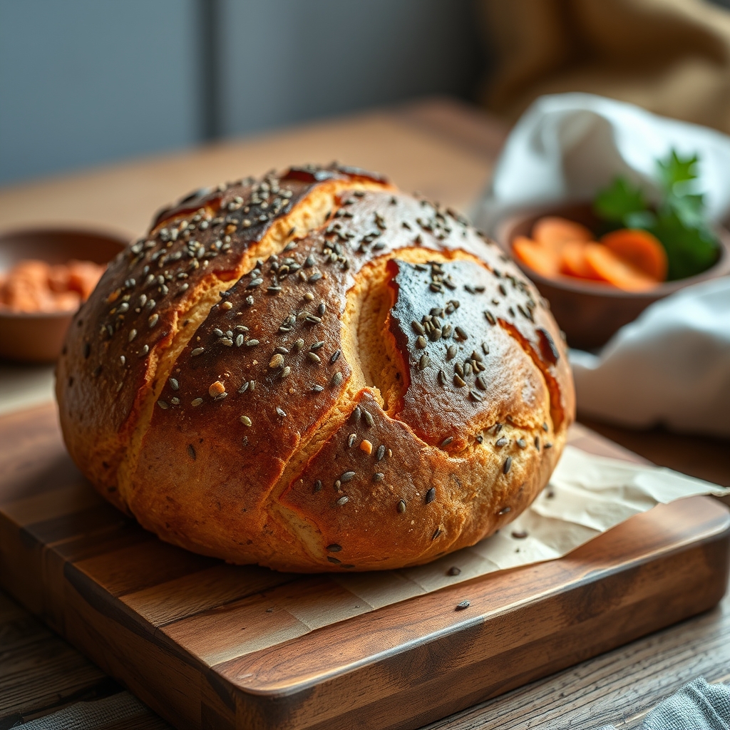 A rustic round honey-spiced dabo loaf, deep amber crust flecked with nigella seeds.