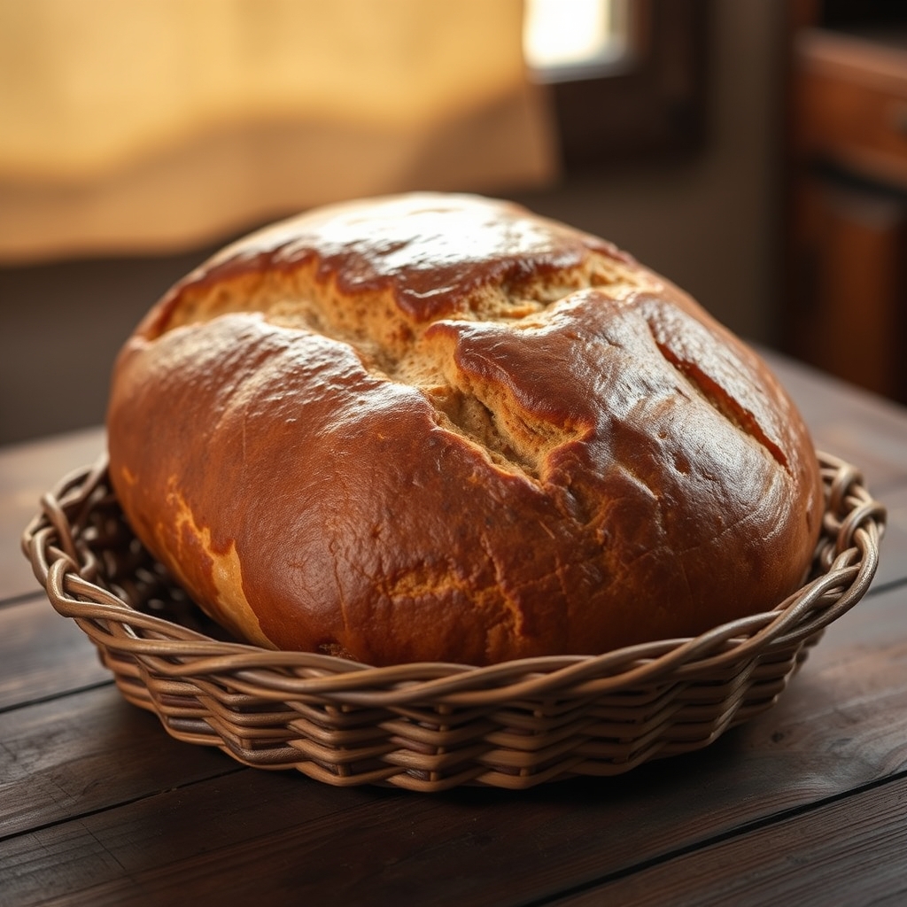 An oversized burnished difo dabo celebration loaf resting on a woven mesob basket.