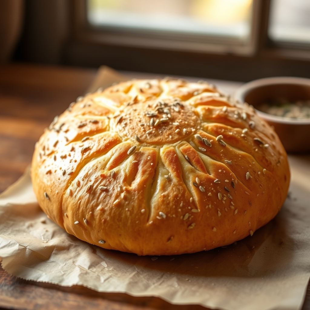 Round golden himbasha bread scored in a sunburst pattern, dusted lightly with seeds.