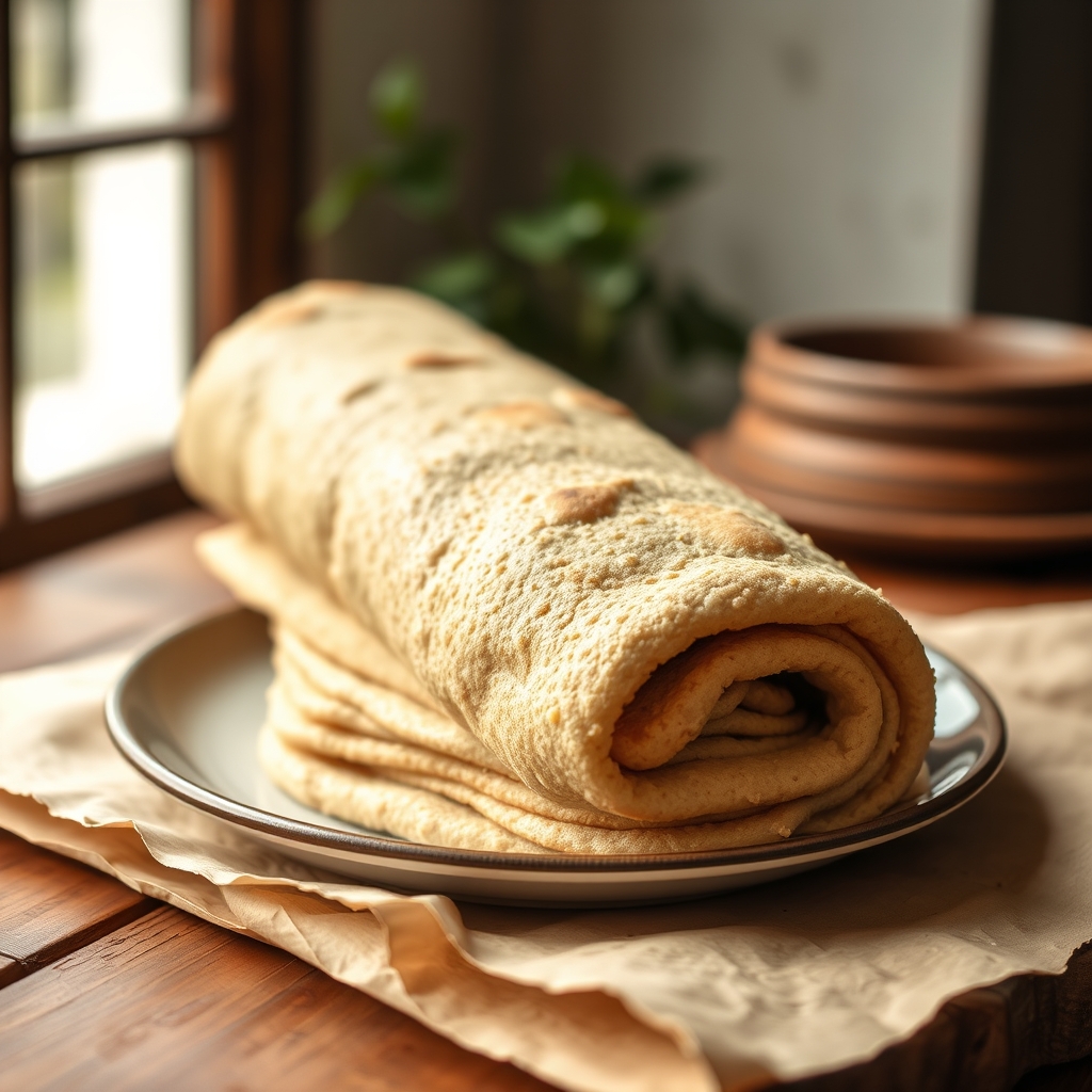 A rolled stack of soft, spongy teff injera flatbread showing its lacy fermented surface.