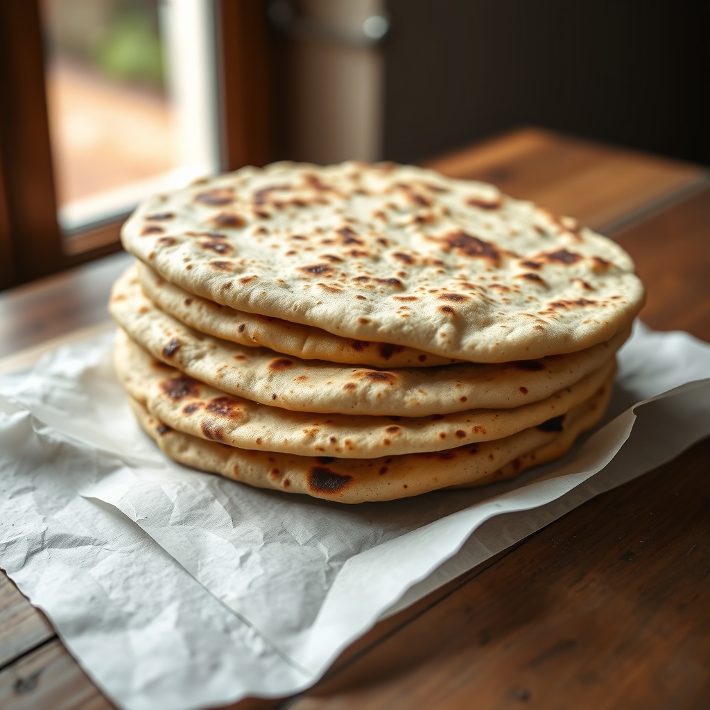 A stack of four thin, freckled kita flatbreads on parchment.