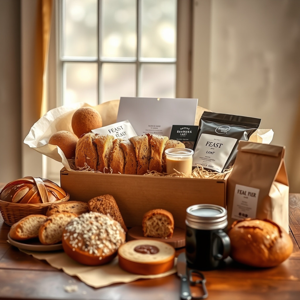An abundant monthly box with a large feast loaf, breads, sweets, and a bag of coffee.