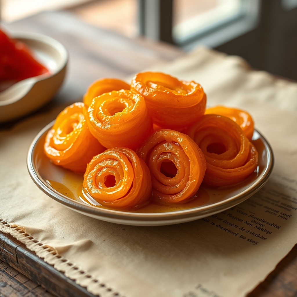 Bright orange lattice-like mushabek spirals glistening with saffron syrup.