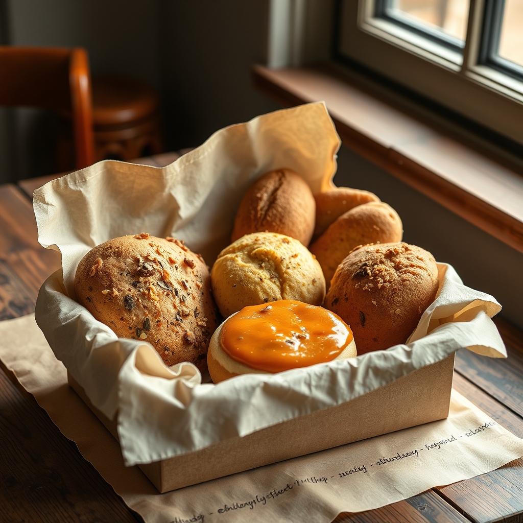 A linen-lined box of assorted Ethiopian breads and a sweet, ready for the week.